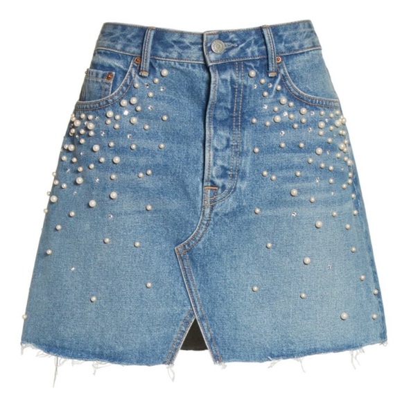 GRLFRND Milla Crystal Pearl Embellished Raw Hem Mini Denim Skirt Blue Solstice M - Picture 6 of 16